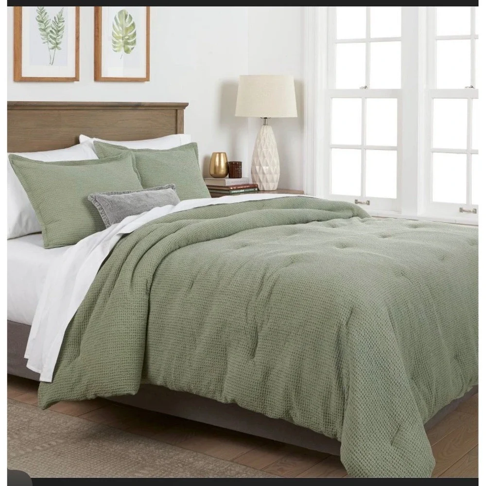 Threshold Waffle Weave Comforter Set King Sage Green 3pc Cotton NWT